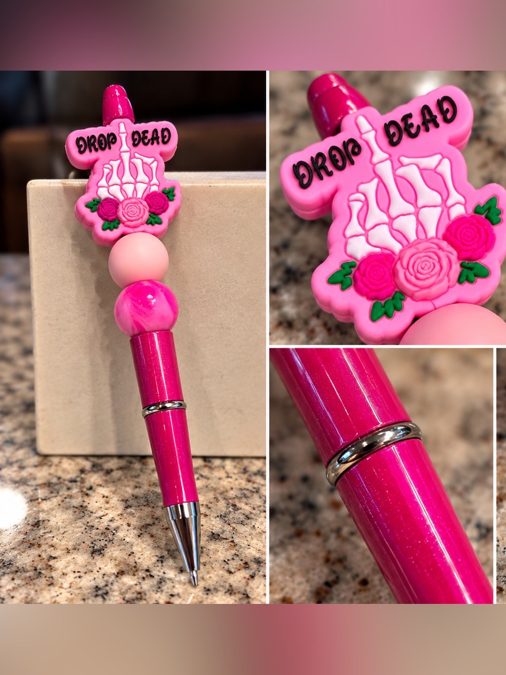 Pink 'Drop Dead' Floral Skeleton Pen - Novelty Party Favor